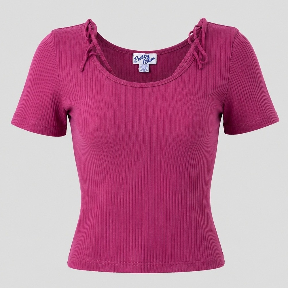 Betty Blue Vintage 90s Burgundy Ribbed Scoop Neck Bow‎ Top NWT Large 1623TF3